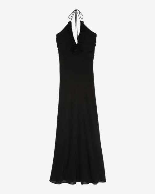 Women Dresses The Kooples Long LowCut Dress With Black Flower Detail Black