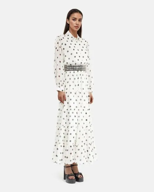 Women Dresses The Kooples Long White Dress With Ecru Polka Dots White Black