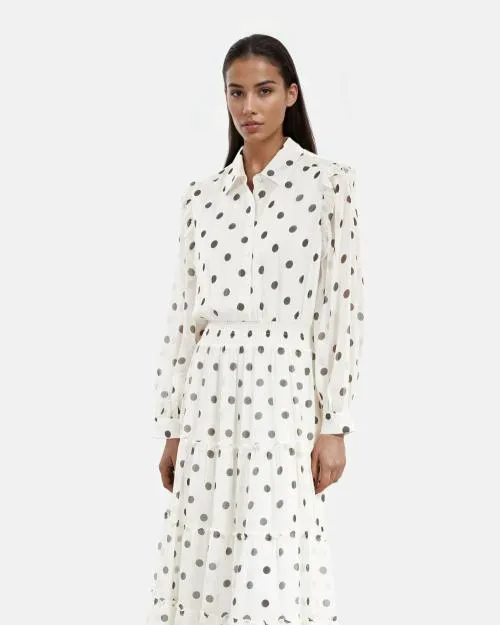 Women Dresses The Kooples Long White Dress With Ecru Polka Dots White Black