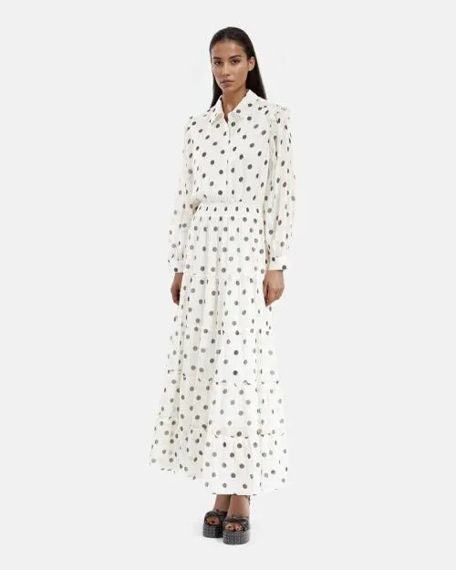 Women Dresses The Kooples Long White Dress With Ecru Polka Dots White Black