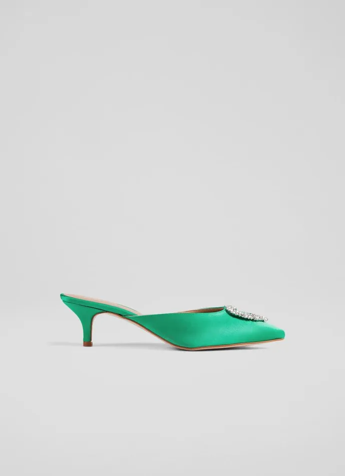 Women Estella Green Satin Heart Brooch Mules Green LKBennett Court Shoes