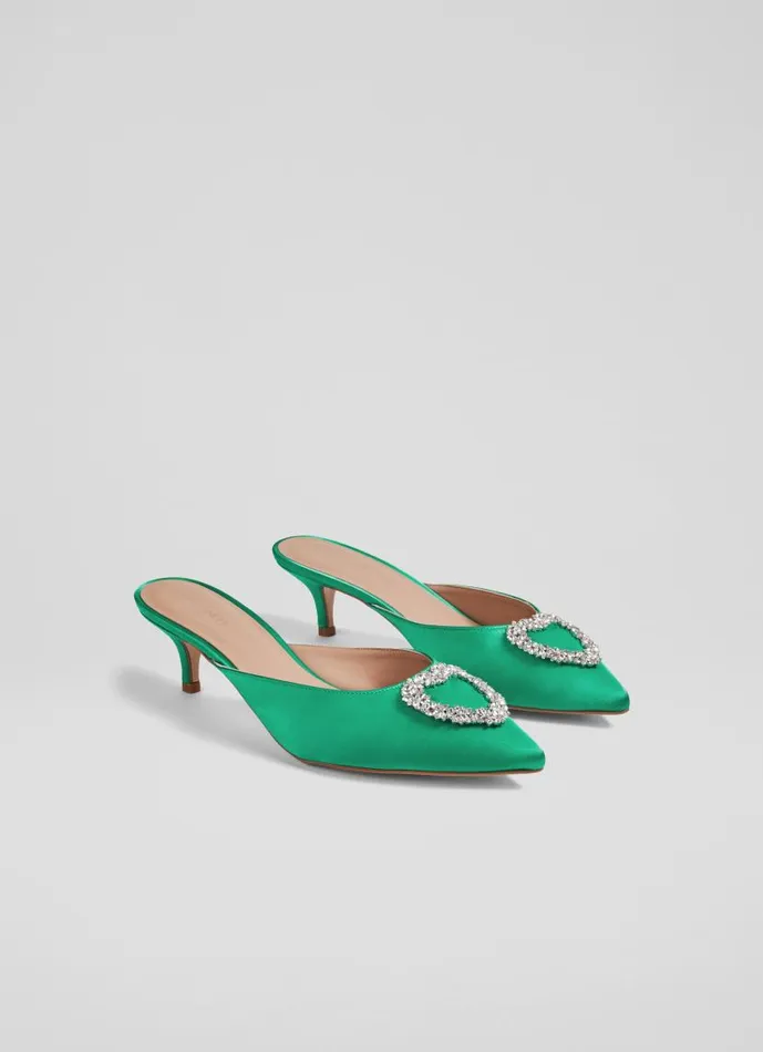 Women Estella Green Satin Heart Brooch Mules Green LKBennett Court Shoes Women Estella Green Satin Heart Brooch Mules Green LKBennett Court Shoes