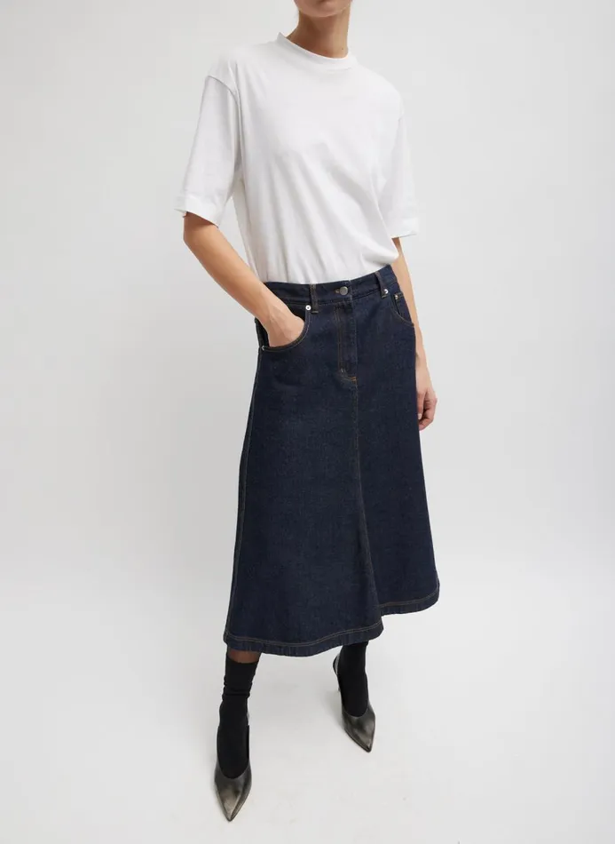 Women Fundamentals Tibi Indigo Denim Midi ALine Skirt Dark Denim