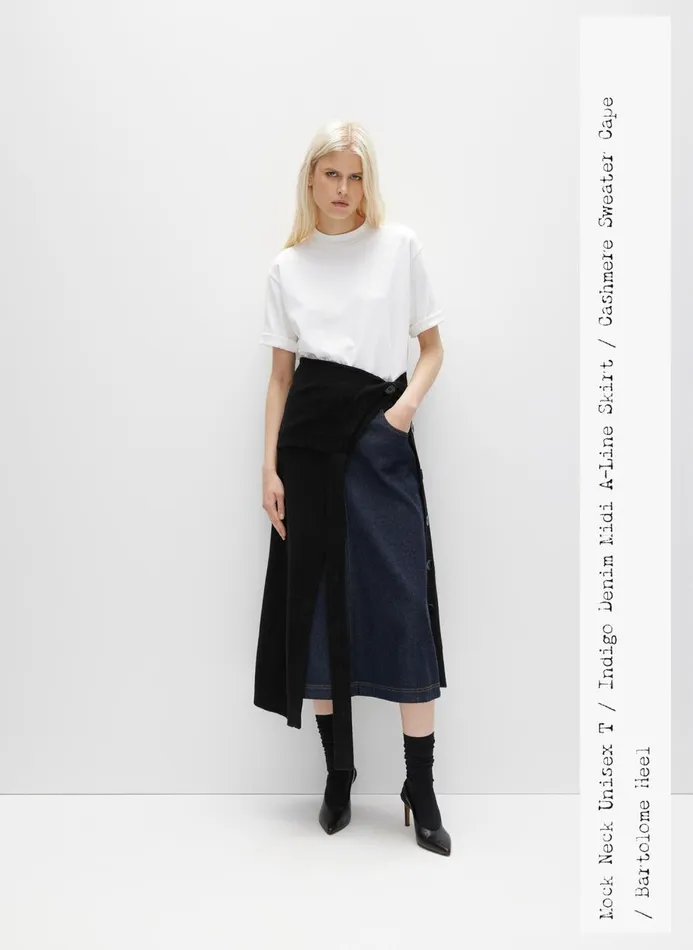 Women Fundamentals Tibi Indigo Denim Midi ALine Skirt Dark Denim