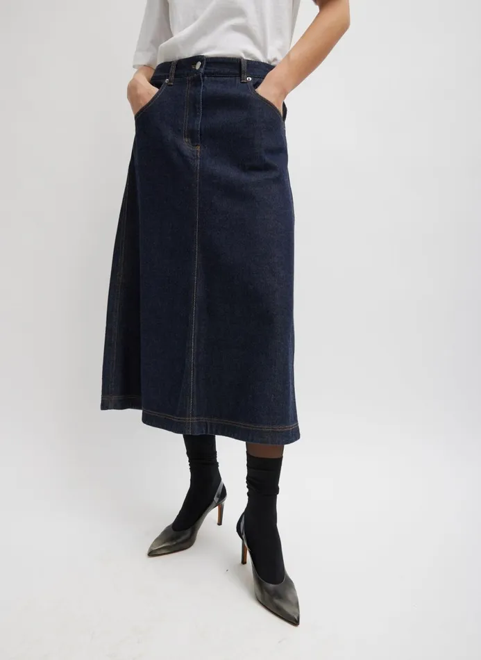 Women Fundamentals Tibi Indigo Denim Midi ALine Skirt Dark Denim