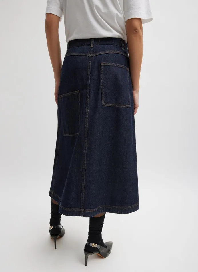 Women Fundamentals Tibi Indigo Denim Midi ALine Skirt Dark Denim