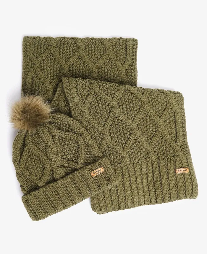 Women Hats Barbour Ridley Beanie and Scarf Gift Set Olive