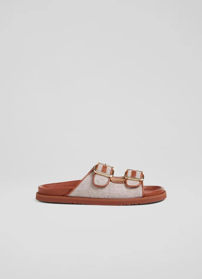Women Ionna Leather And Cotton Footbed Flat Sandals Tan LKBennett Flats