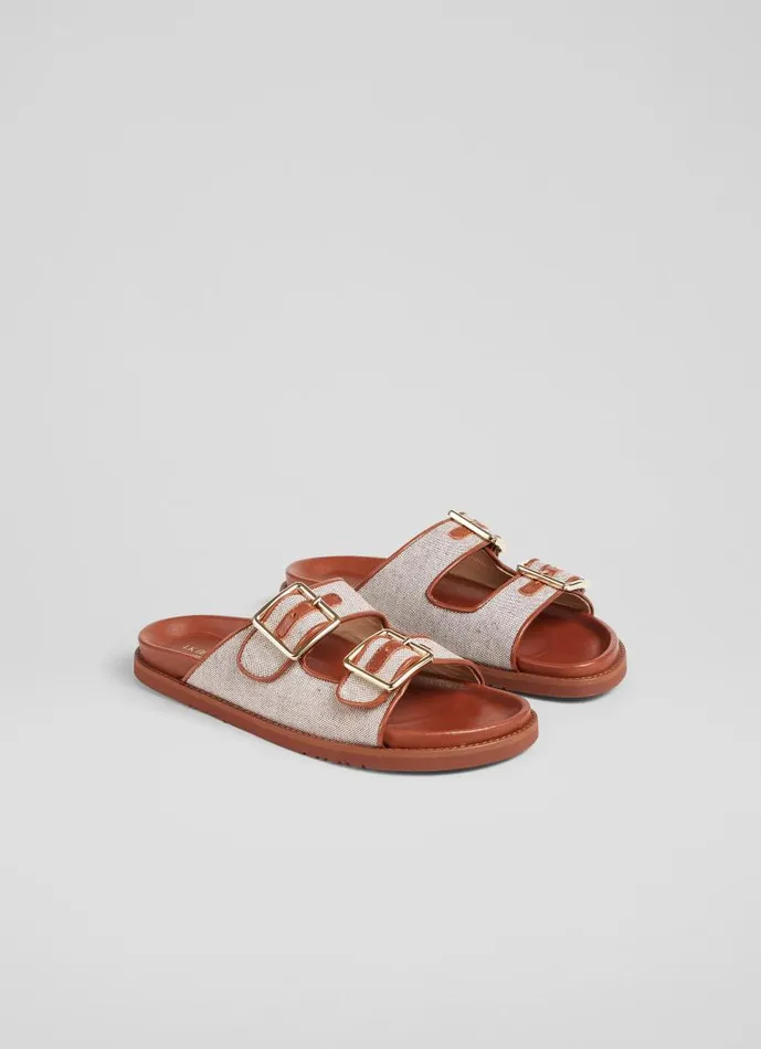 Women Ionna Leather And Cotton Footbed Flat Sandals Tan LKBennett Flats Women Ionna Leather And Cotton Footbed Flat Sandals Tan LKBennett Flats