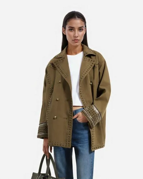 Women Jackets and Blazers The Kooples Khaki Pea Coat With Studs And Pearls Kaki
