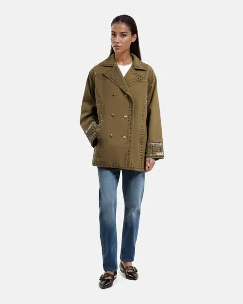 Women Jackets and Blazers The Kooples Khaki Pea Coat With Studs And Pearls Kaki
