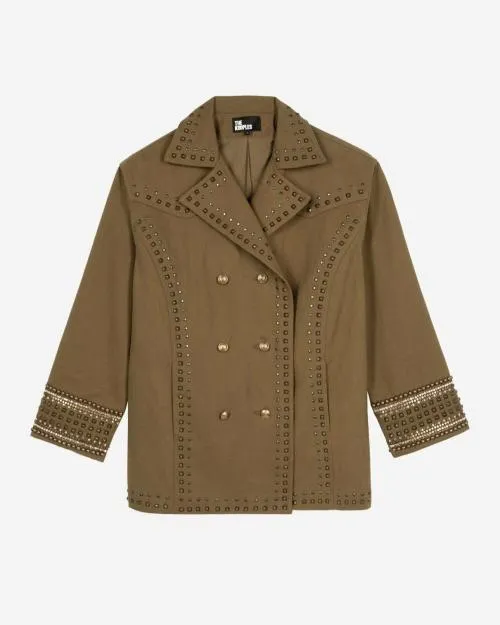 Women Jackets and Blazers The Kooples Khaki Pea Coat With Studs And Pearls Kaki