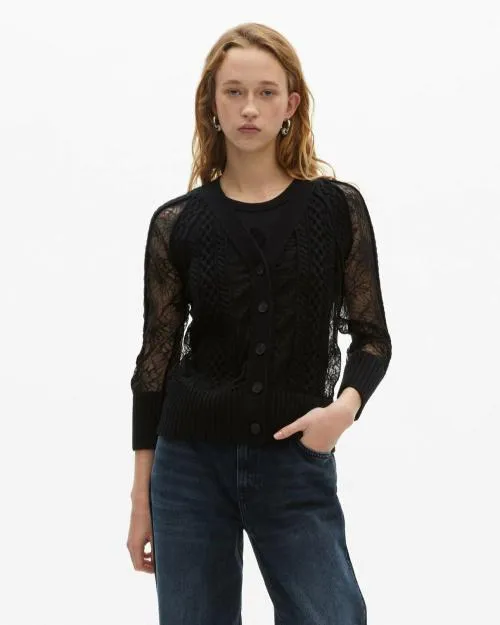 Women Jumpers and Cardigans The Kooples Black Wool And Lace Cardigan Black