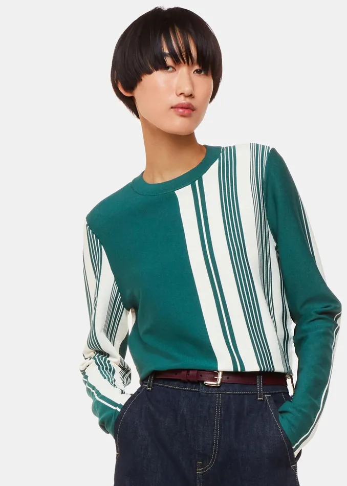 Women Knitwear and Cashmere Whistles Green Vertical Stripe Crew Neck Knit