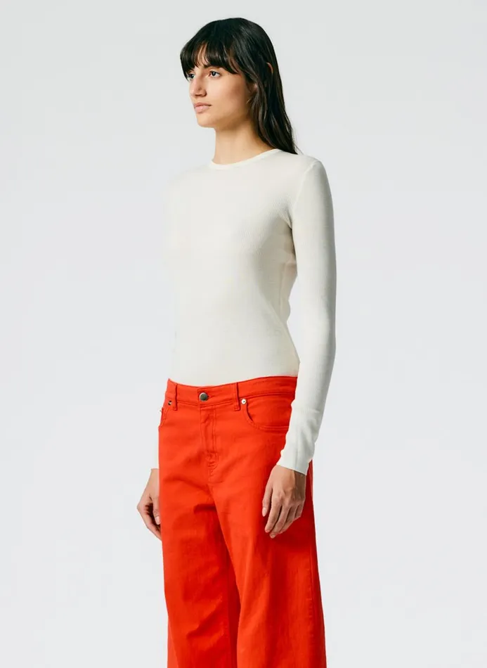 Women Knitwear and Sweatshirts Tibi Feather Weight Ribbed Crewneck Pullover Sweater Off White