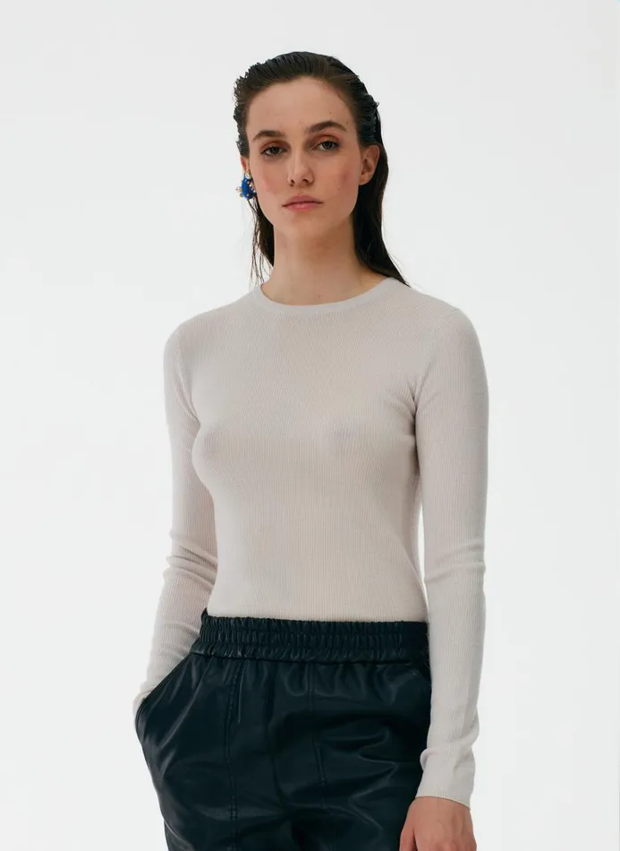 Women Knitwear and Sweatshirts Tibi Feather Weight Ribbed Crewneck Pullover Sweater Stone Women Knitwear and Sweatshirts Tibi Feather Weight Ribbed Crewneck Pullover Sweater Stone