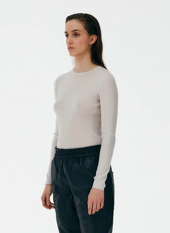 Women Knitwear and Sweatshirts Tibi Feather Weight Ribbed Crewneck Pullover Sweater Stone