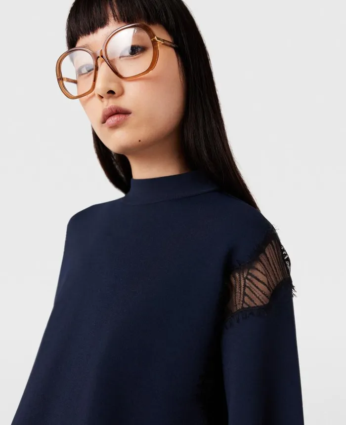Women Knitwear Stella McCartney Lace Insert High Neck Top Deep Navy