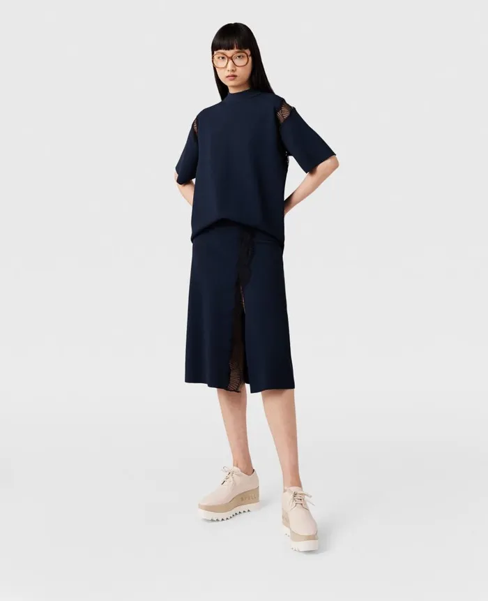 Women Knitwear Stella McCartney Lace Insert High Neck Top Deep Navy