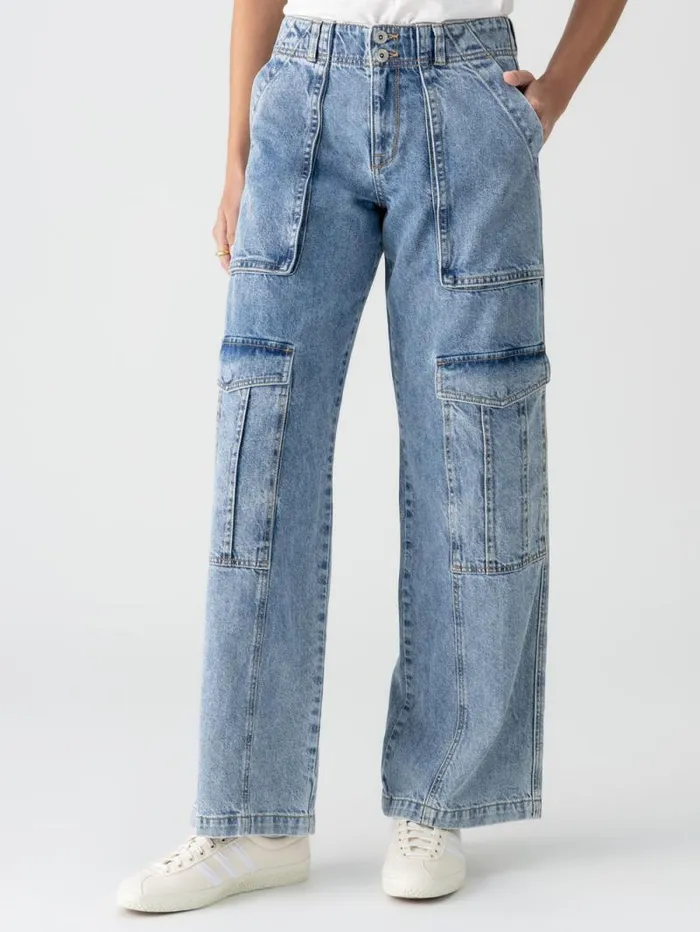 Women Level Up Standard Rise Denim Cargo Pant Digital Blue Sanctuary Clothing Pants