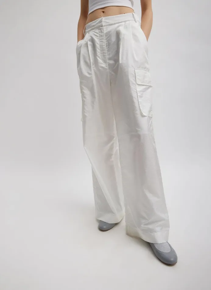 Women Pants and Shorts Tibi Stella Crispy Nylon Pleated Cargo Pant White