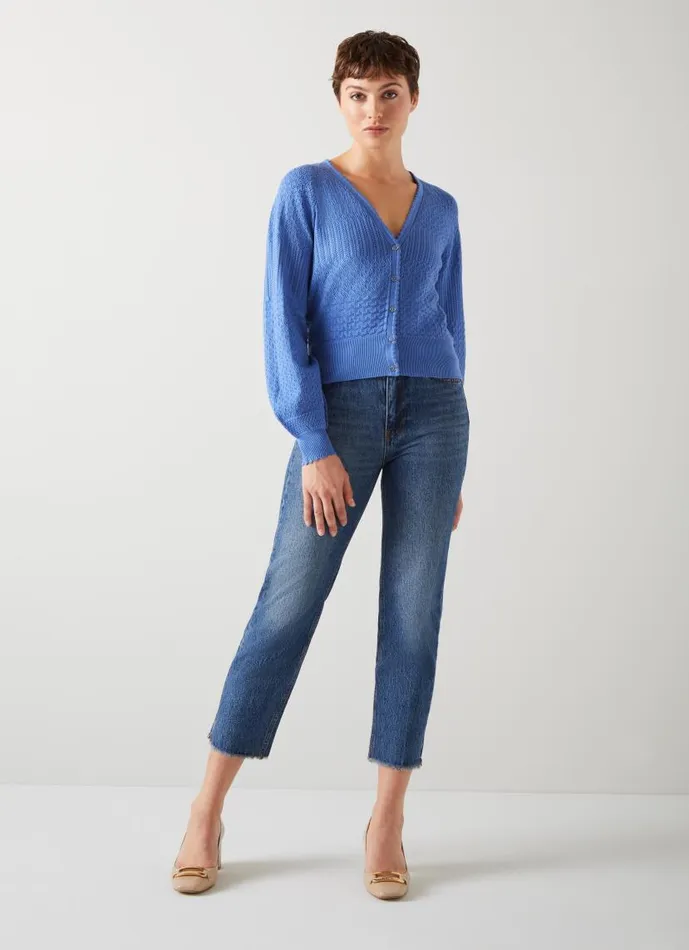 Women Penelope Blue Textured Knit Cardigan Wedgewood LKBennett Knitwear Women Penelope Blue Textured Knit Cardigan Wedgewood LKBennett Knitwear