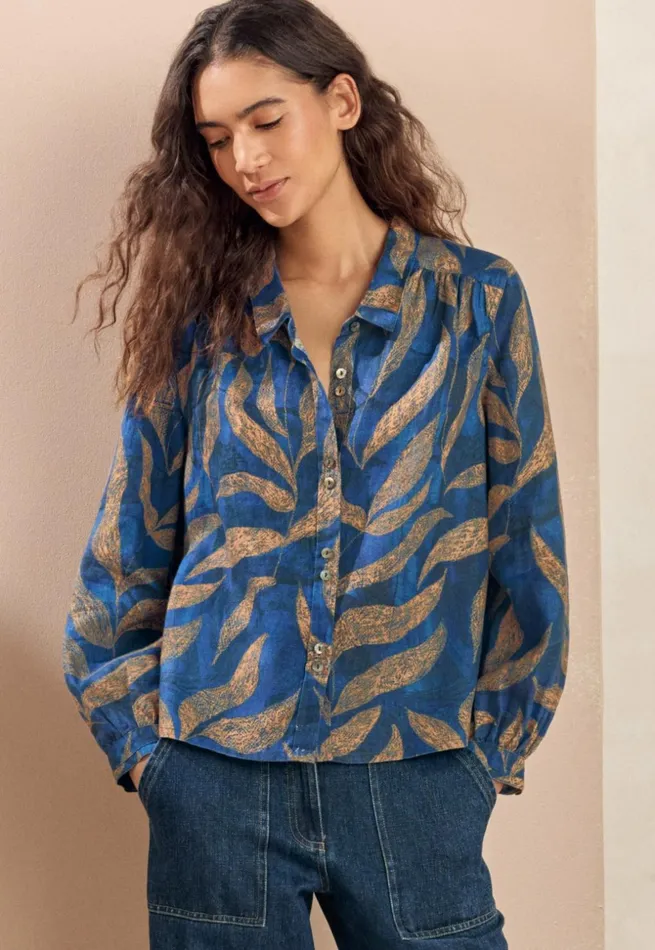 Women Printed Blouse Blue Gold Poetry Fashion Shirts and Tunics
