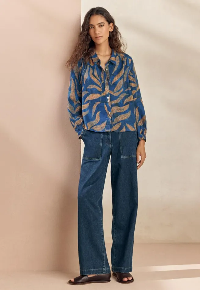 Women Printed Blouse Blue Gold Poetry Fashion Shirts and Tunics