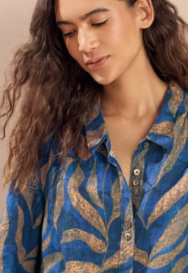 Women Printed Blouse Blue Gold Poetry Fashion Shirts and Tunics