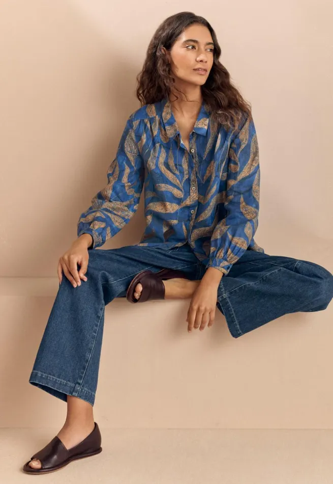 Women Printed Blouse Blue Gold Poetry Fashion Shirts and Tunics