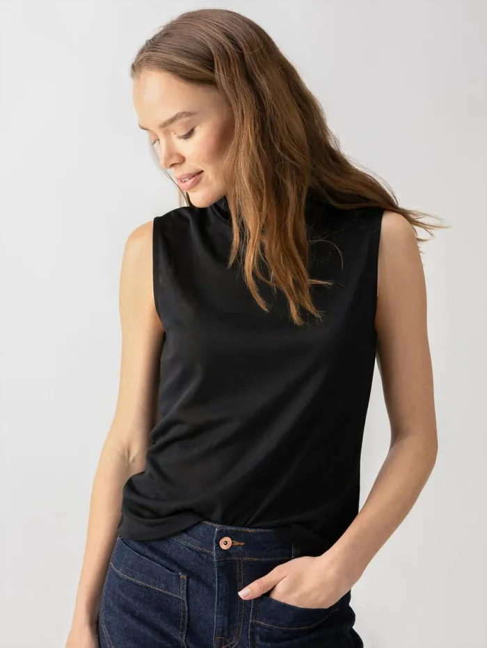 Women Shirred Neck Mesh Tank Black Sanctuary Clothing Sweaters and Cardis