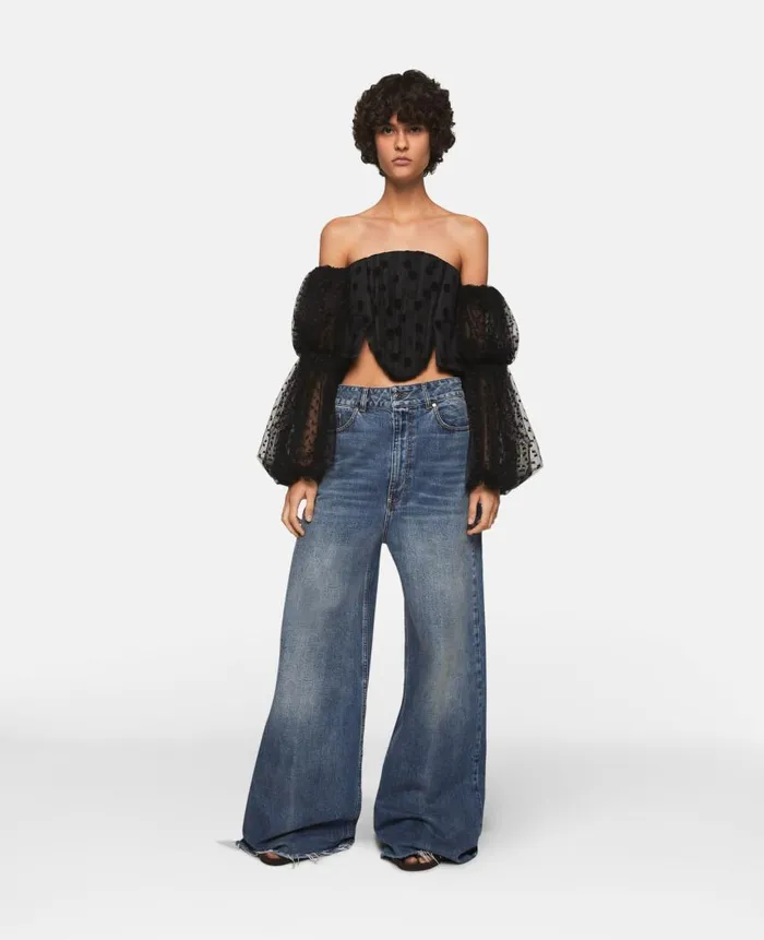 Women Shirts And Tops Stella McCartney Puff Sleeve Polka Dot Mesh Top Midnight Black