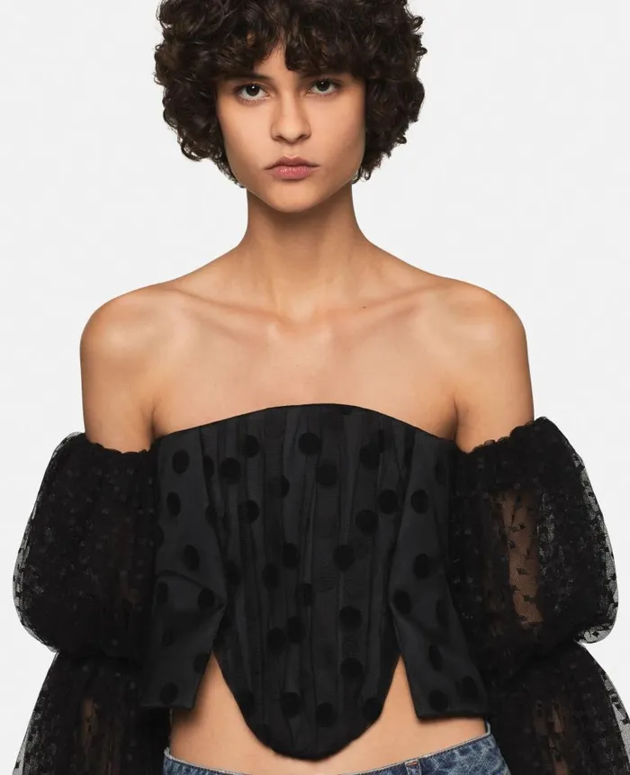 Women Shirts And Tops Stella McCartney Puff Sleeve Polka Dot Mesh Top Midnight Black