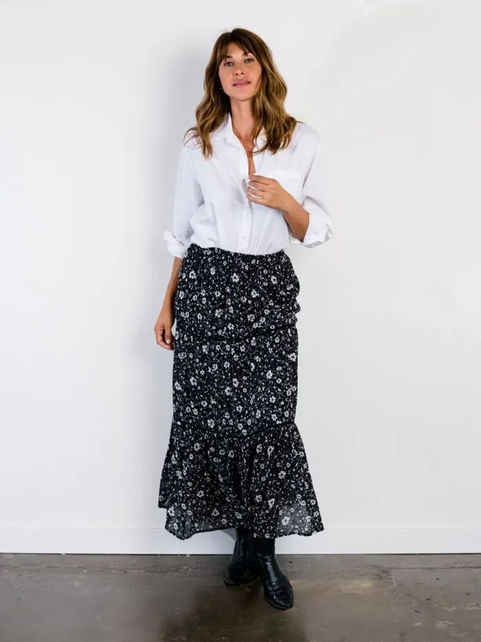 Women Skirts Able Erin Tiered Maxi Skirt BlackWhite Floral
