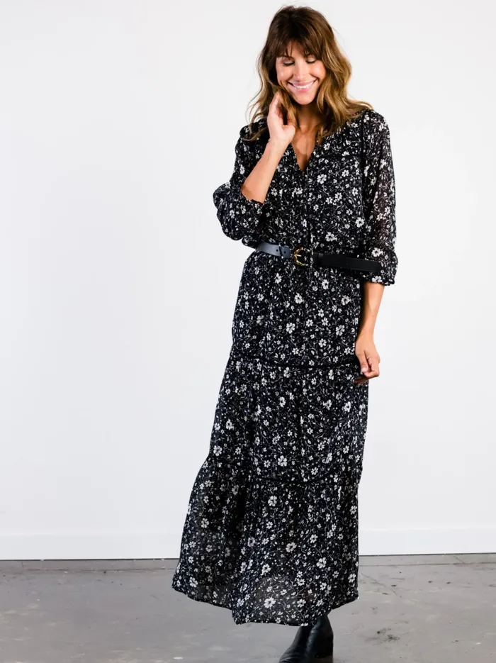 Women Skirts Able Erin Tiered Maxi Skirt BlackWhite Floral