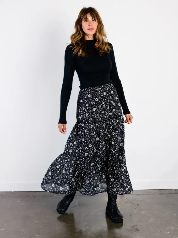 Women Skirts Able Erin Tiered Maxi Skirt BlackWhite Floral