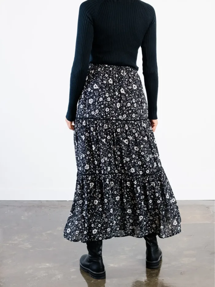Women Skirts Able Erin Tiered Maxi Skirt BlackWhite Floral