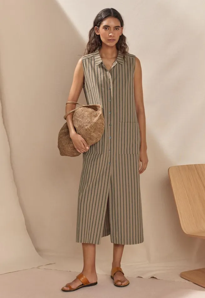 Women Sleeveless Striped Dress Fawn Grey Poetry Fashion Dresses and Skirts