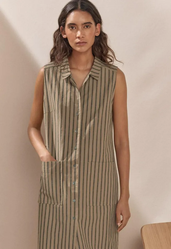 Women Sleeveless Striped Dress Fawn Grey Poetry Fashion Dresses and Skirts