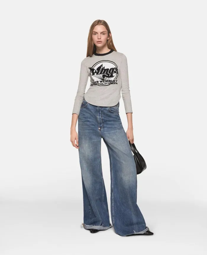 Women Sweatshirts And TShirts Stella McCartney Wings Graphic LongSleeved Cotton Top Light Grey Melange