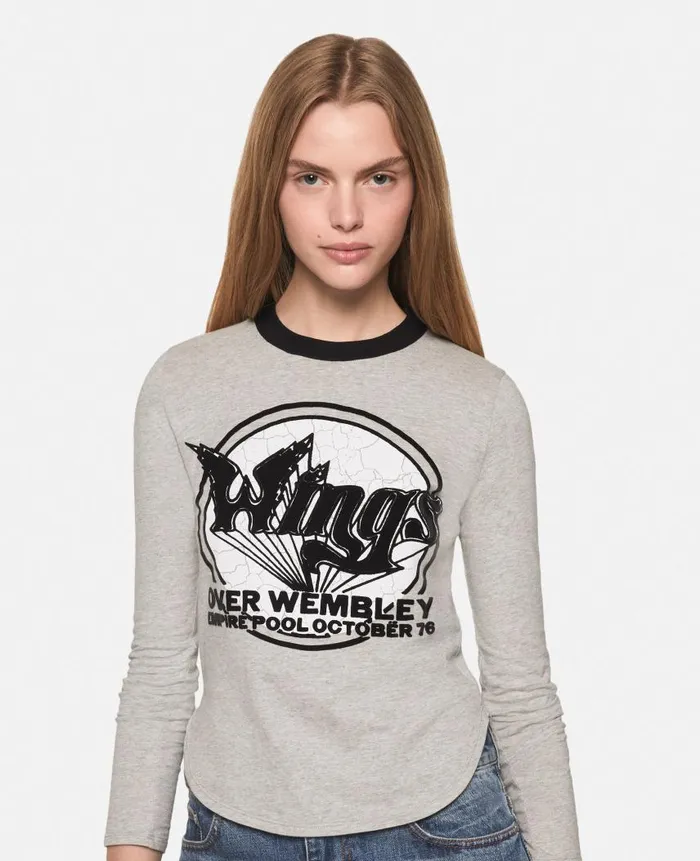 Women Sweatshirts And TShirts Stella McCartney Wings Graphic LongSleeved Cotton Top Light Grey Melange