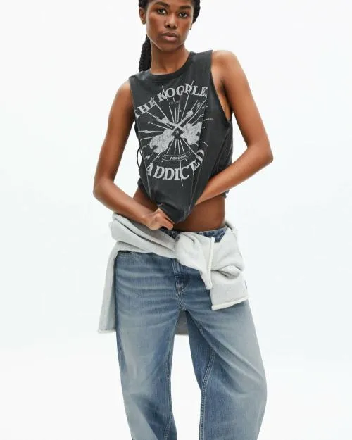 Women Tshirts The Kooples Faded Black Screen Print Tank Top With Rhinestones Black Washed