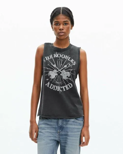 Women Tshirts The Kooples Faded Black Screen Print Tank Top With Rhinestones Black Washed