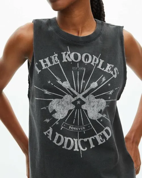 Women Tshirts The Kooples Faded Black Screen Print Tank Top With Rhinestones Black Washed