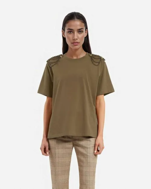 Women Tshirts The Kooples Khaki TShirt With Chains Kaki