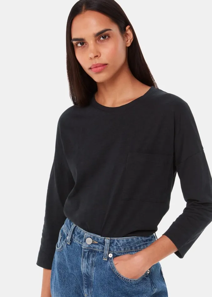 Women TShirts Whistles Black Cotton Patch Pocket Top