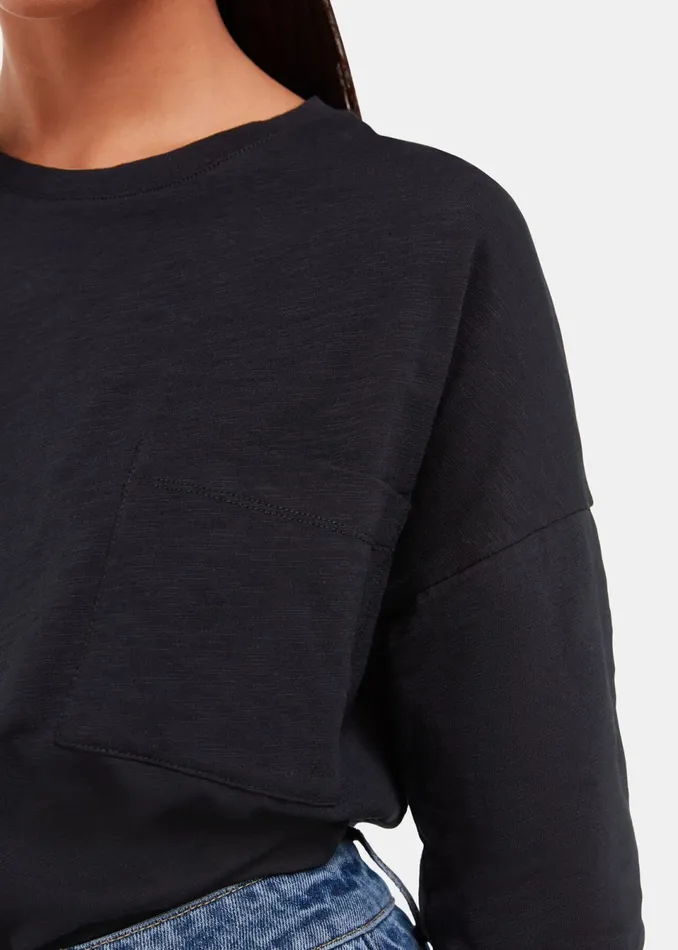 Women TShirts Whistles Black Cotton Patch Pocket Top
