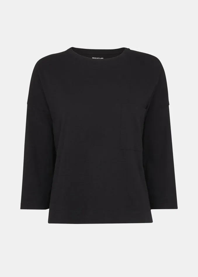 Women TShirts Whistles Black Cotton Patch Pocket Top