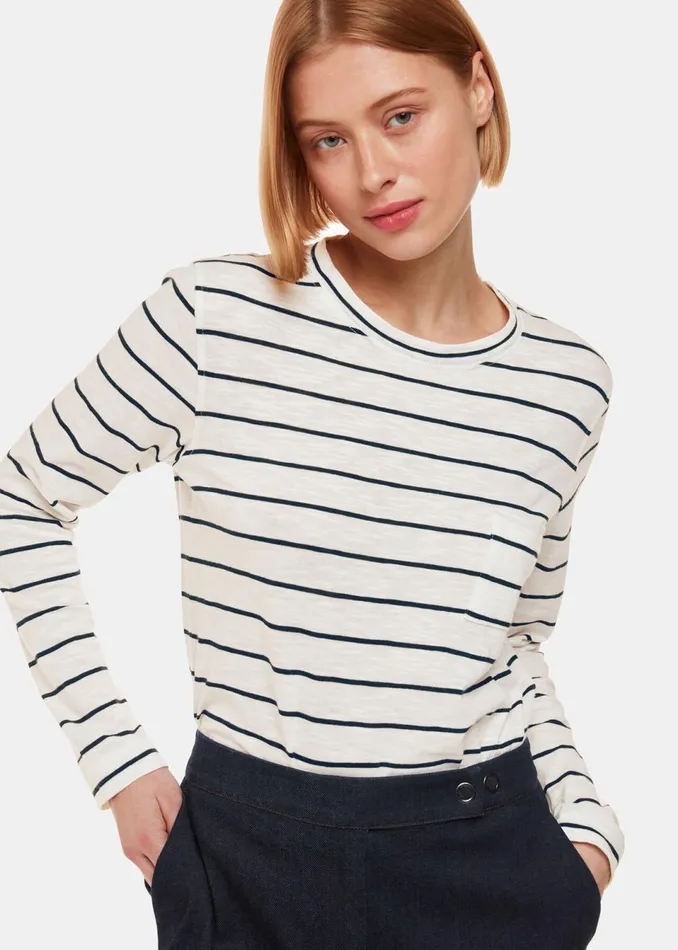 Women TShirts Whistles Ivory Stripe Crew Neck Pocket Top