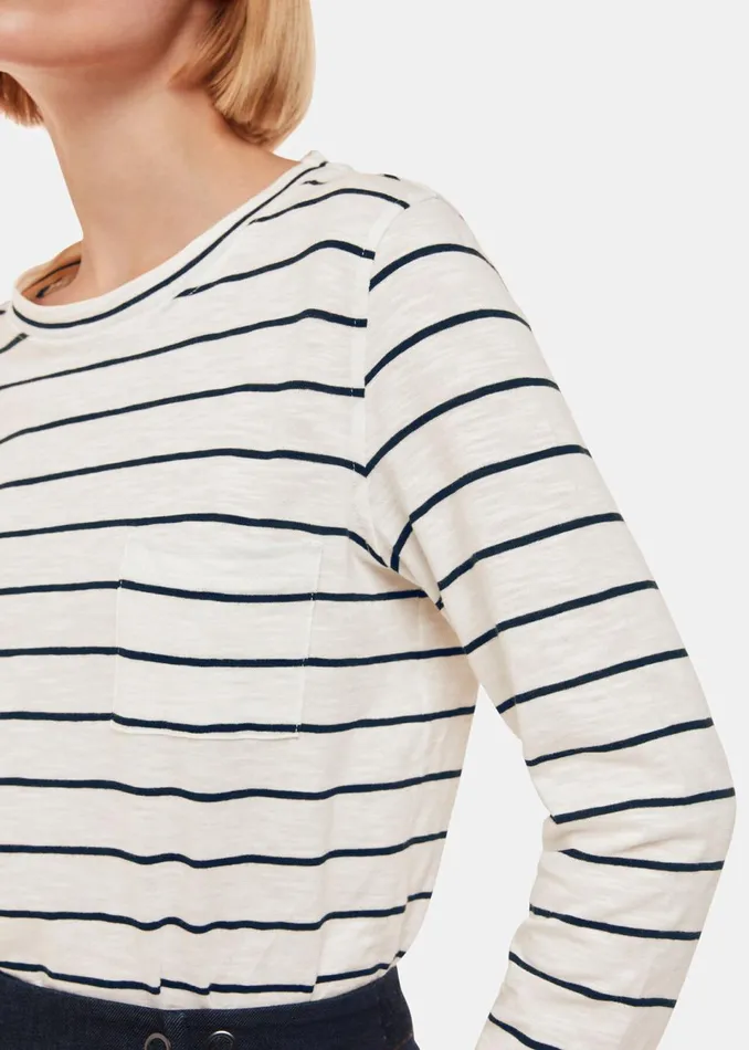 Women TShirts Whistles Ivory Stripe Crew Neck Pocket Top